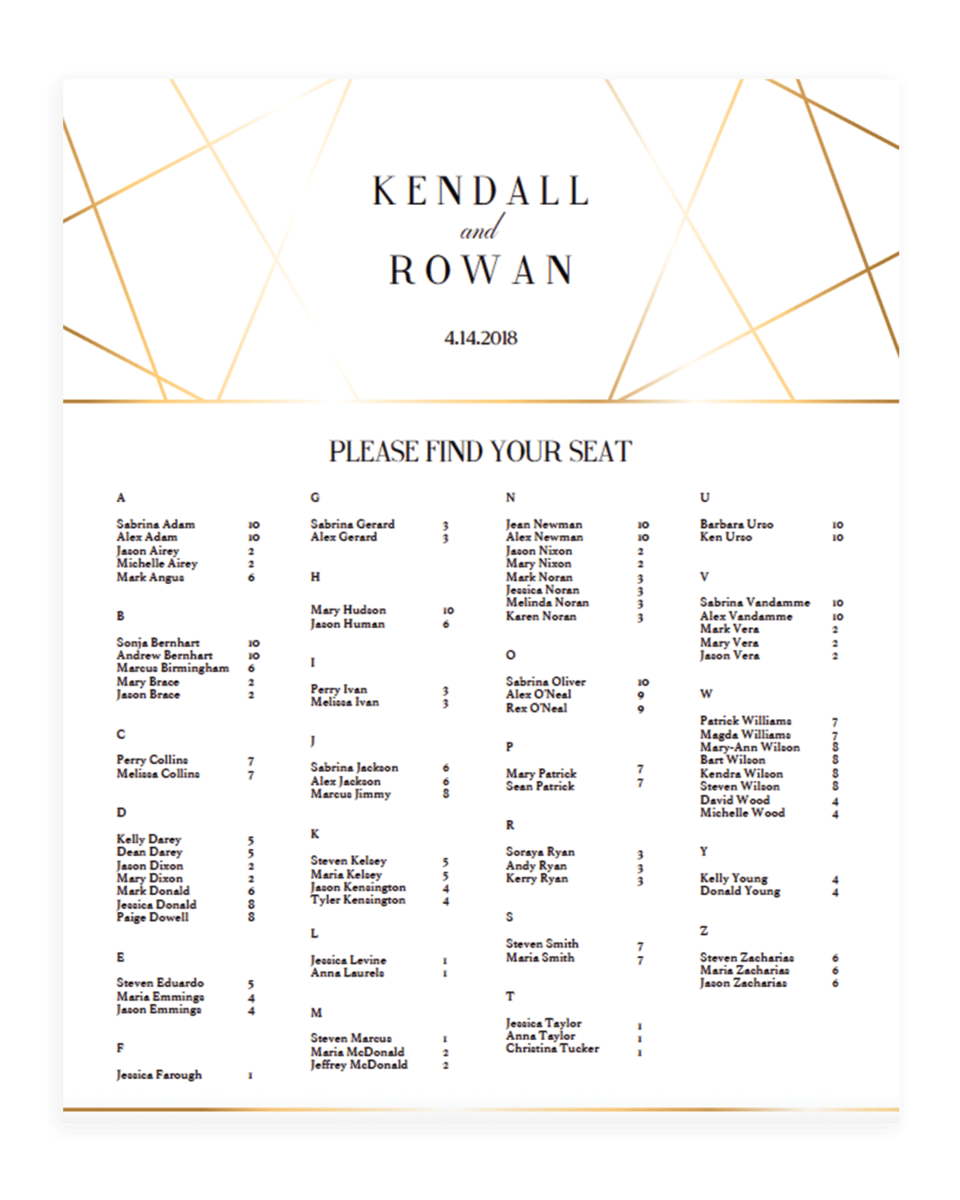 Geometric Wedding Seating Plan Alphabetical Modern Gold Templates Gl1