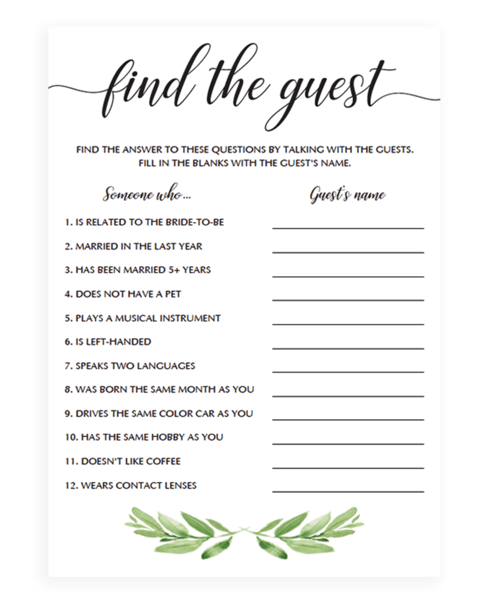 Greenery Bridal Shower Game Find The Guest