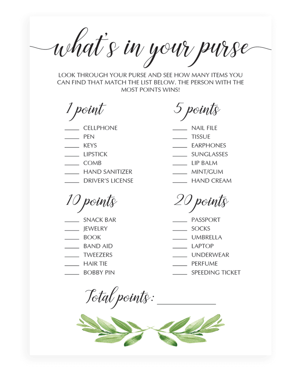 Greenery Whats In Your Purse Bridal Shower Game