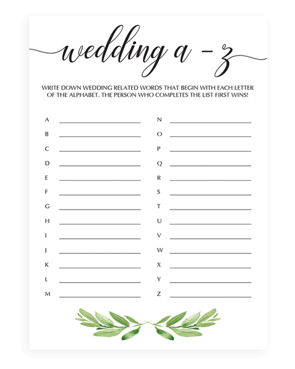 Green Wedding A Z Game For Bridal Shower