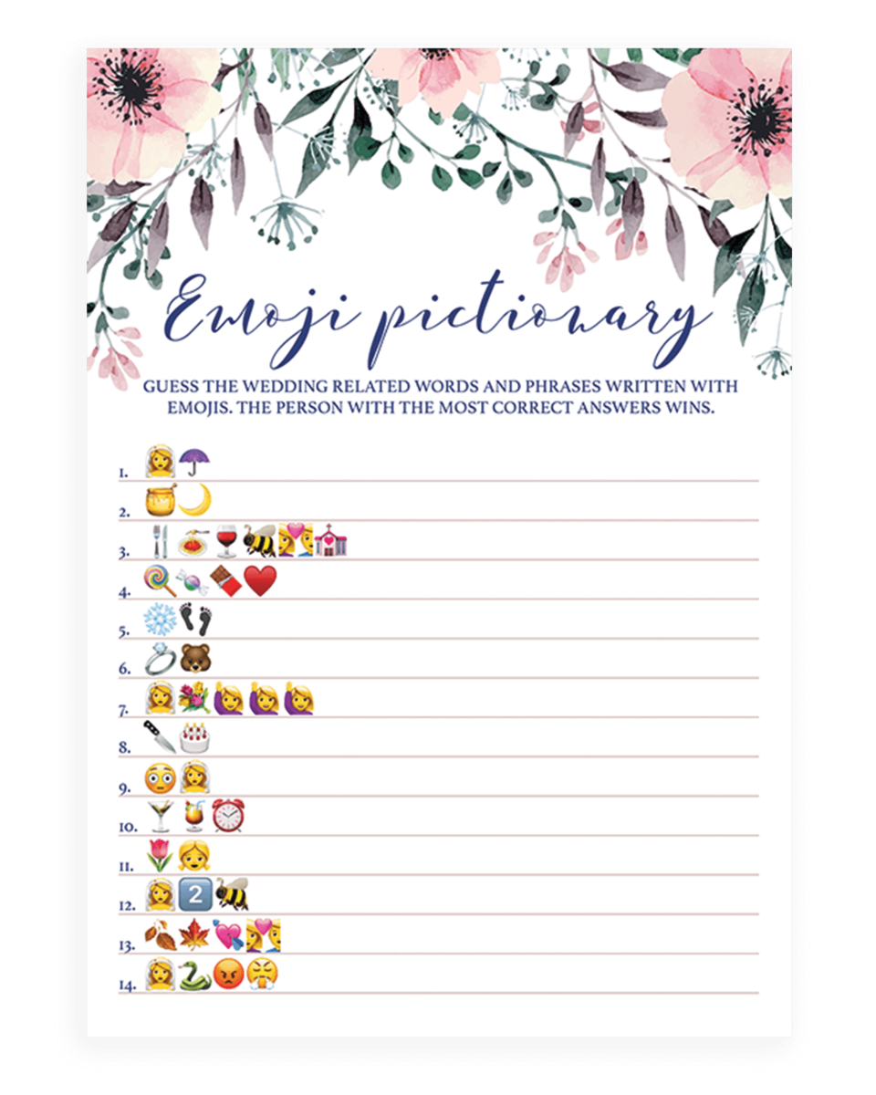 Blush Floral Bridal Shower Emoji Pictionary Game Printable Spg1