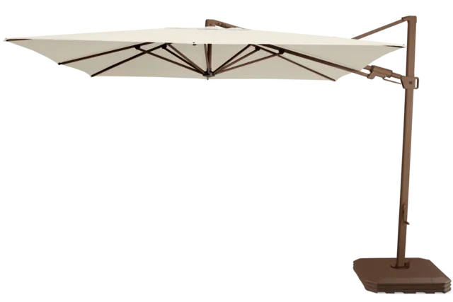 white cantilever umbrella with brown base
