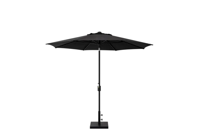 market umbrella with black canopy and black base