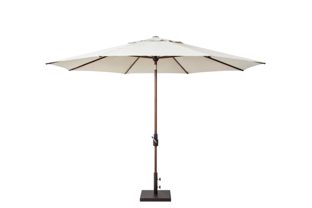 market umbrella with wood handle and brown base
