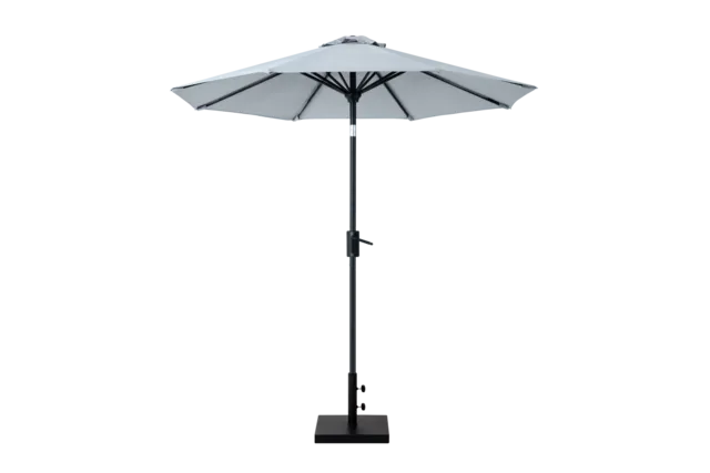 market umbrella with silver canopy and black base