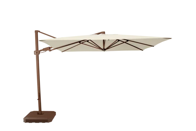cantilever umbrella with white canopy and brown base