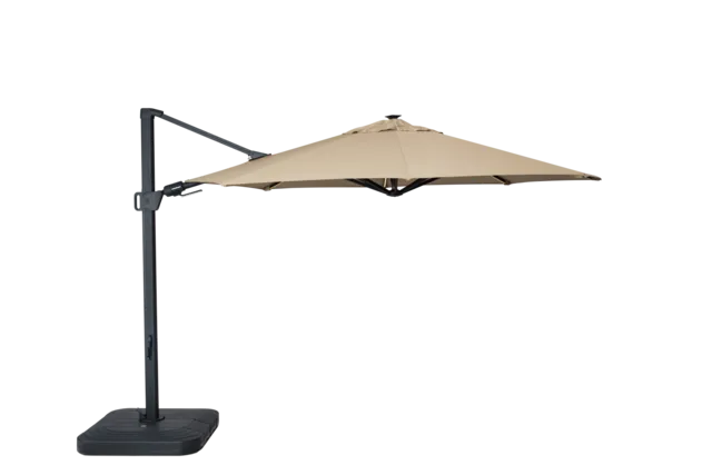 cantilever umbrella with tan canopy and black base