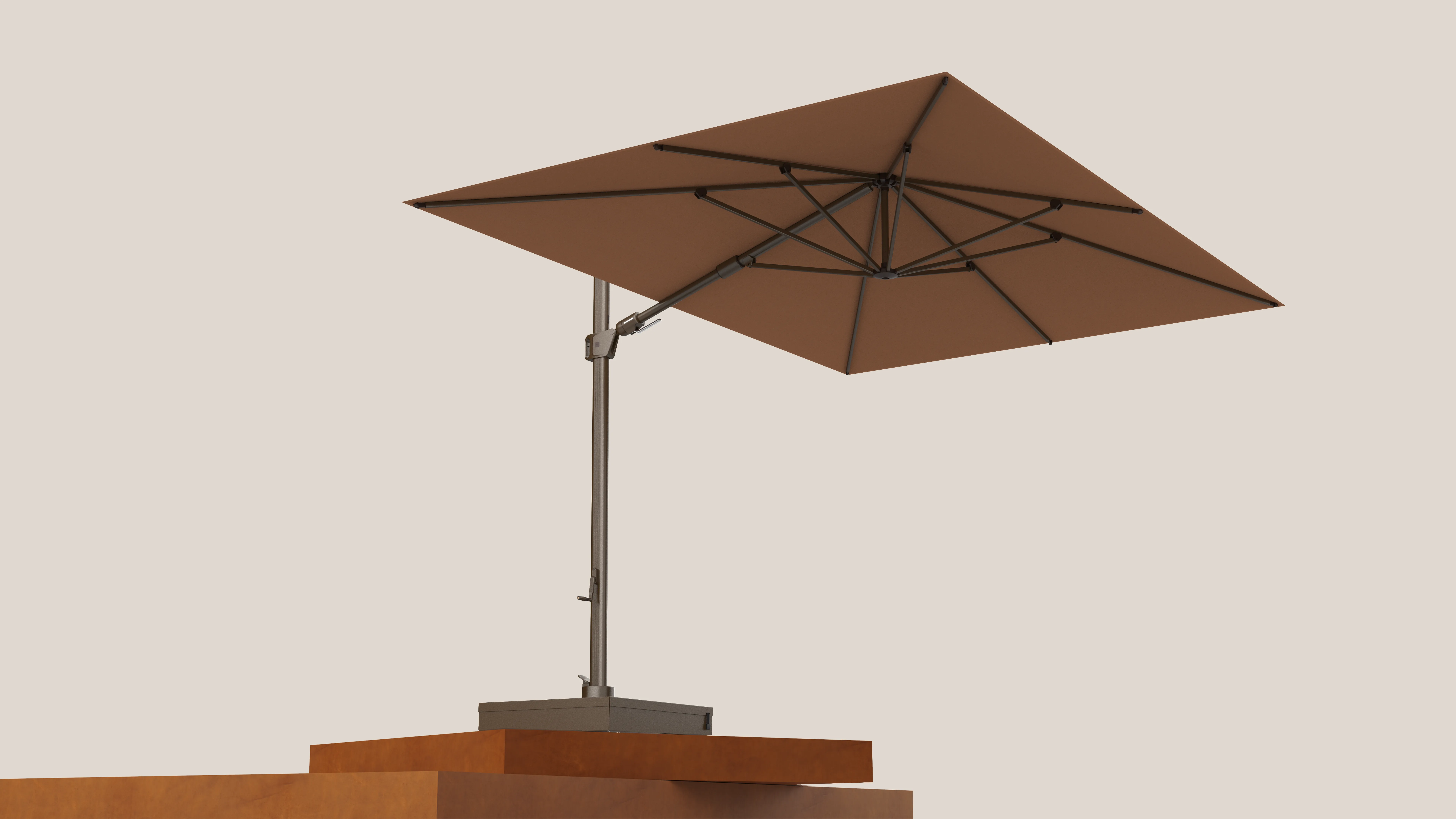 render of brown cantilever umbrella on small platform