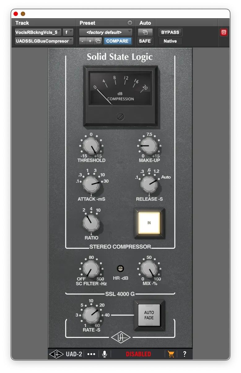 UAD SSL G-Master Bus Compressor starting point for master bus