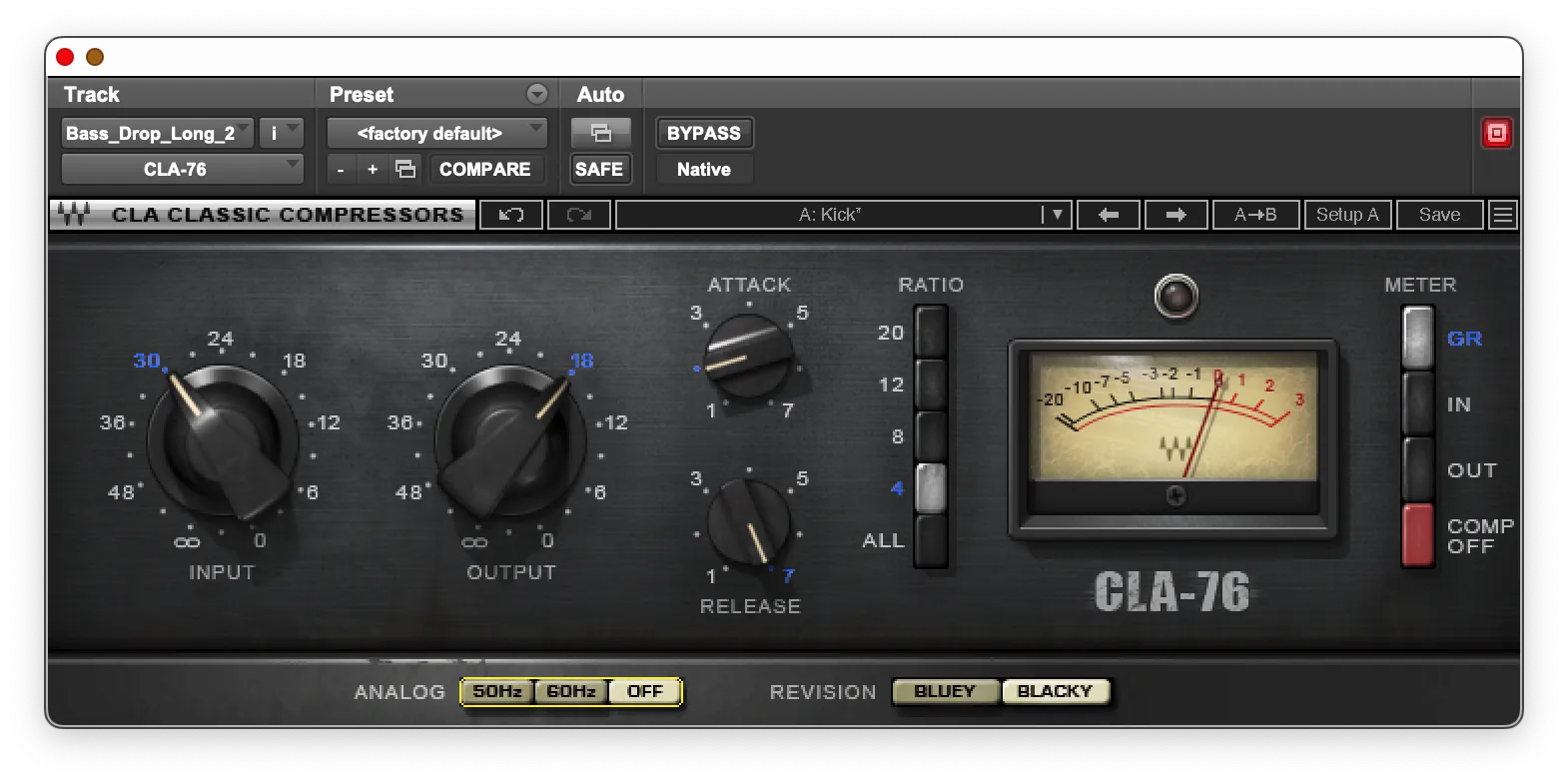 An 1176 compressor on a kick drum