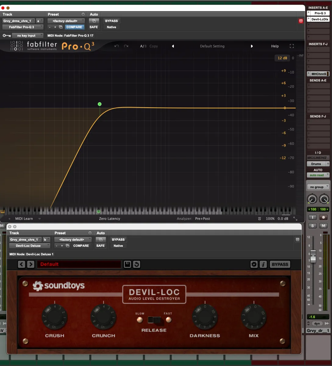 A Fabfilter Pro-Q 3 cutting the lows before a Devil-Loc