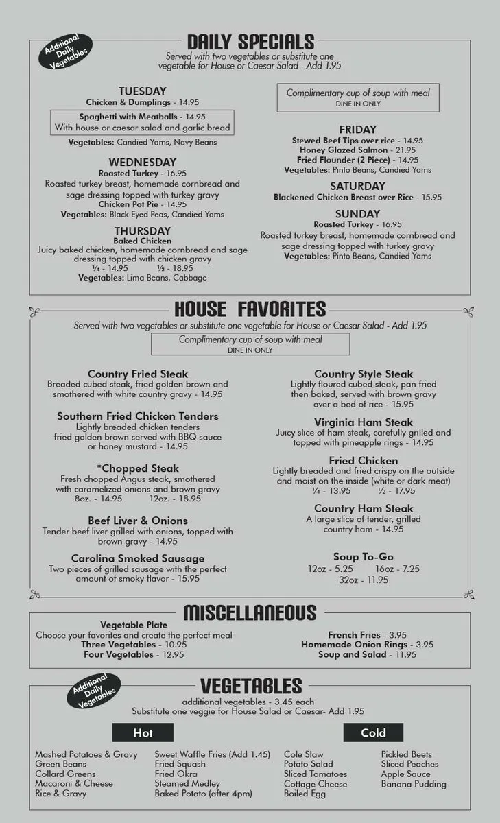 Menu | Tryon House Southern Cafe| Family Style Restaurant | Charlotte, NC