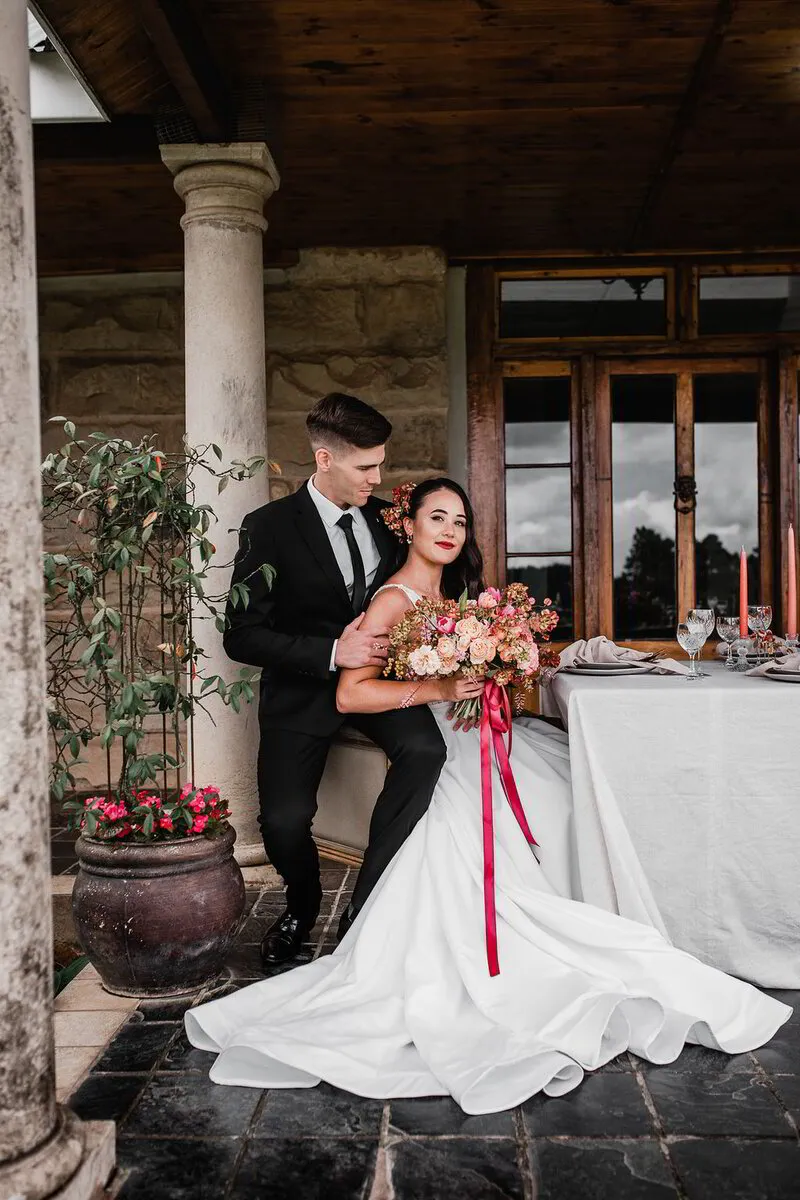 Happy Bridal Couple On the Steps at Weltevreden Manor