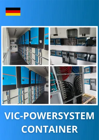 VIC-POWERSYSTEM CONTAINER, dargestellt durch eine Collage von vier Bildern, die verschiedene Ansichten des Innenraums eines Containers zeigen. Zu sehen sind mehrere Energieverwaltungssysteme, elektrische Installationen und Kabelverbindungen, die professionell montiert sind.