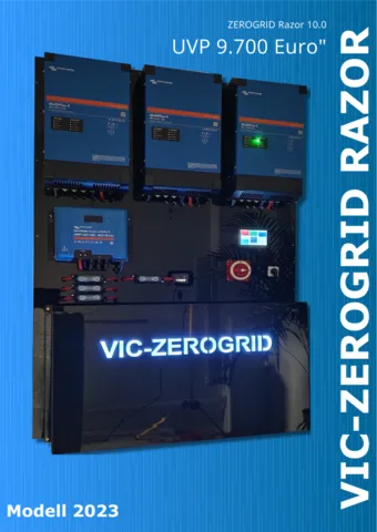 Modell VIC-ZEROGRID Razor 10.0 aus dem Jahr 2023, ein fortschrittliches Energiemanagementsystem mit einem Preis von 9.700 Euro. Das Setup besteht aus mehreren Geräten und Steuerelementen, montiert an einer blauen Wand.