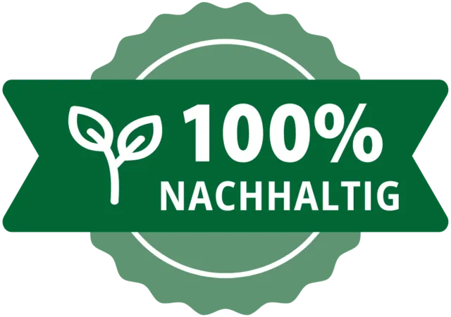 Grünes Siegel mit der Aufschrift „100% Nachhaltigkeit“ und stilisierten Blättern, symbolisch für ökologische Verantwortung.