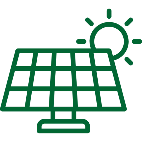 Grünes Icon einer Solaranlage mit Sonne und Blitzsymbol, was Energieerzeugung aus Sonnenlicht darstellt.