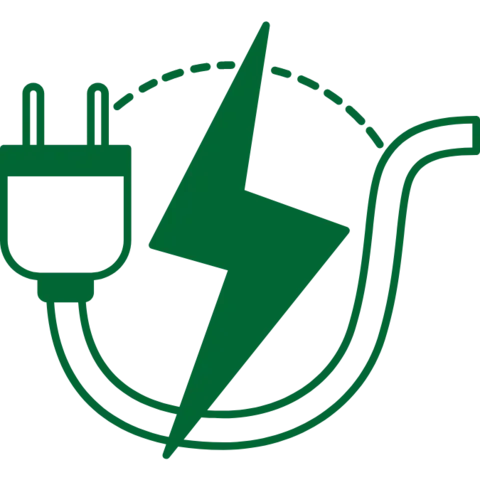 Grünes Icon eines Steckers mit einem Blitzsymbol und einer kreisförmigen Linie, was für elektrische Energie und Verbindung steht.