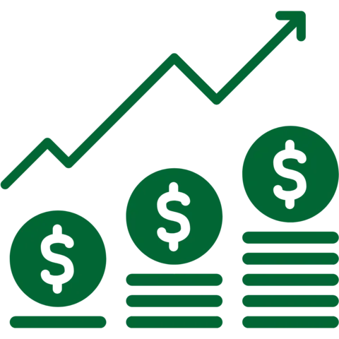 Grünes Icon, das eine steigende Linie über drei Geldsäulen darstellt, wobei jede Säule mit einem Dollarzeichen versehen ist. Dies symbolisiert finanzielles Wachstum, Profitsteigerung oder Investitionserfolg.