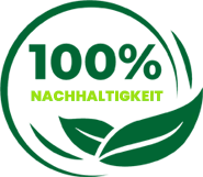 Grünes Siegel mit der Aufschrift „100% Nachhaltigkeit“ und stilisierten Blättern, symbolisch für ökologische Verantwortung.