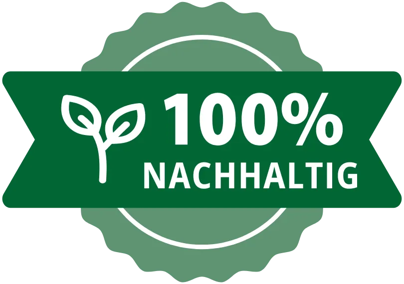 Grünes Siegel mit der Aufschrift „100% Nachhaltigkeit“ und stilisierten Blättern, symbolisch für ökologische Verantwortung.