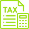 Grünes Icon mit der Aufschrift „TAX“, daneben ein Dokument und ein Taschenrechner, symbolisch für Steuerberechnung.