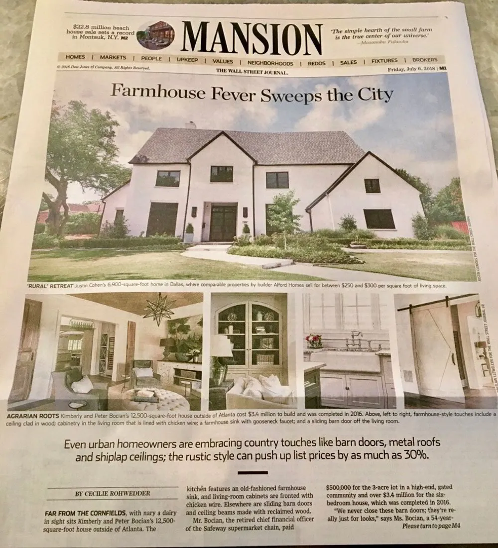 Alford Homes Receives National Recognition in the Wall Street Journal for its Urban Farmhouse Designed Home. 