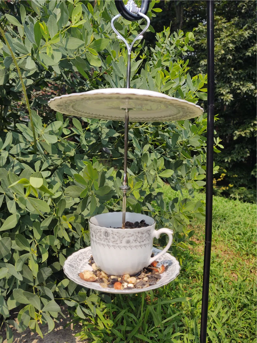 Stylish silver trimmed teacup bird feeder, image size:900x1200