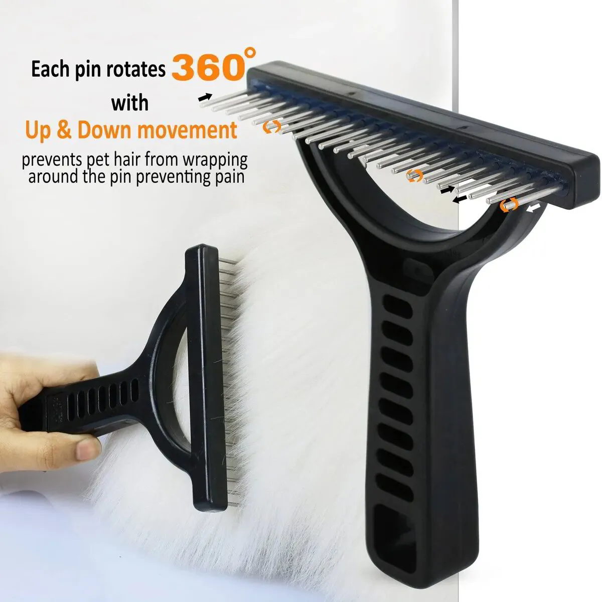 The Untangler - Grooming Rake: Long Rotating Teeth - collect loose hair without pain (T861RK)