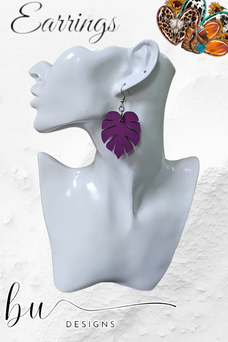 Monstera Leaf Earrings - Purple