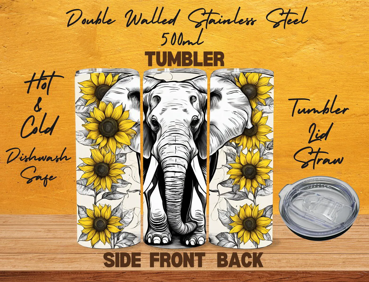 Sketched Elephant & Sunflower Tumbler - 500ml