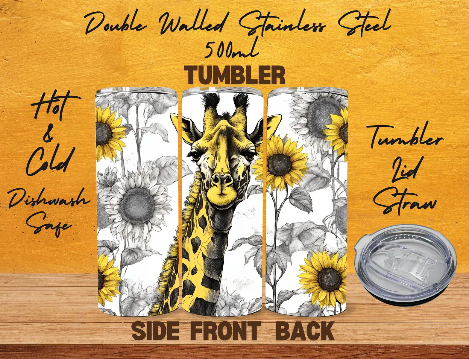 Sketched Giraffe & Sunflower Tumbler - 500ml