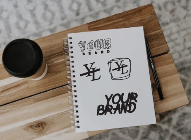 Notebook with sketches that say Your Logo