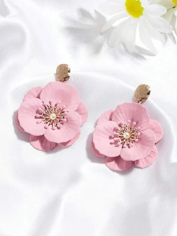 Големи актуални обеци OLIVIA цветя в розово и златисто