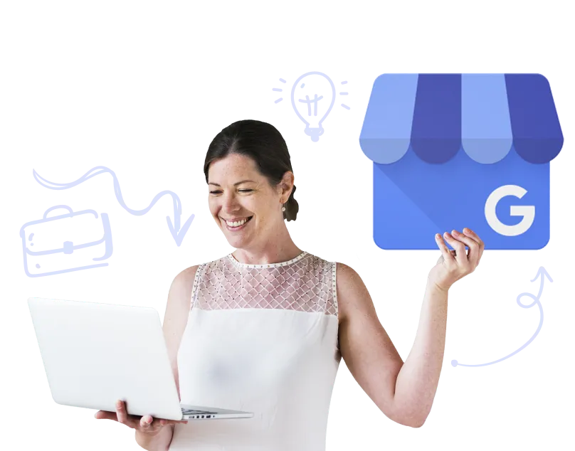 Lady Holding a Google Business Profile Icon