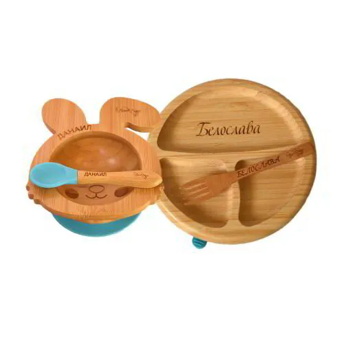 17.Комплект персонализирана бамбукова купа зайче, кръгла чиния, лъжица, виличка