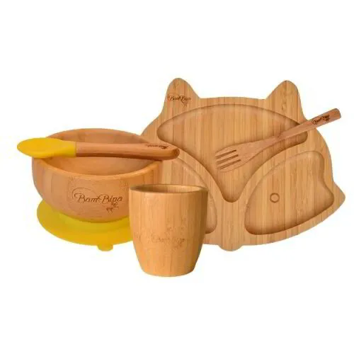 15.Бамбукова кръгла купа, чиния животно, лъжичка, виличка и чашка