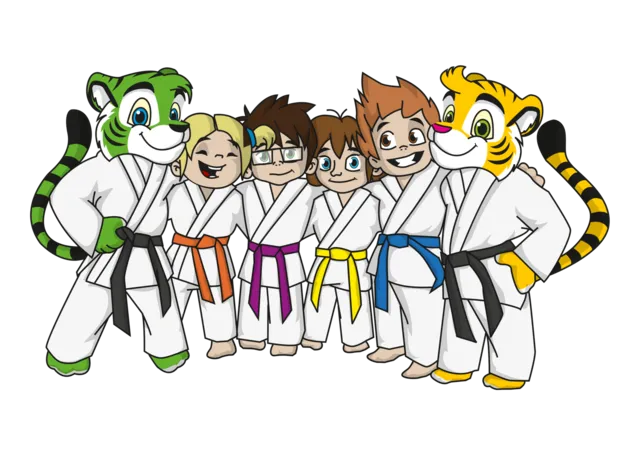 Die Comic Tigercrew aus dem Kids Club Karate Programm der Kampfkunstschule Geiger für Kinder von 3-5 Jahren, bestehend aus dem grünen Tiger Taro, der gelben Tigerdame Tribe, die lustige Lotte, der schlaue Stefan, die ruhige Ronja und dem wilden Waldemar