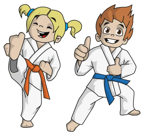 Comic von zwei Karate Kindern aus dem Kids Club Programm der Kampfkunstschule Geiger für Kinder von 3-5 Jahren, bestehend aus der lustigen Lotte, ein fröhliches Mädchen mit zwei blonden Zöpfen, und der wilde Waldemar, ein cooler, flinker Junge mit lustiger Stachelfrisur