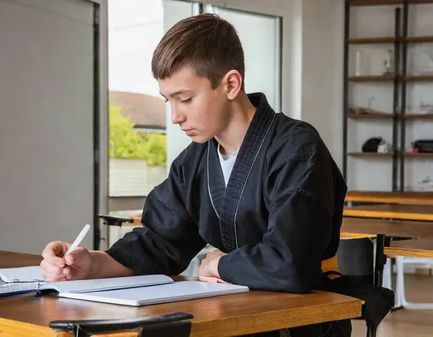 Jugendlicher von Karate Geiger sitzt im schwarzen Karate Anzug konzentriert an einem Schreibtisch und lernt