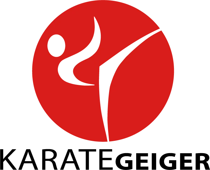 Logo der Kampfkunstschule Geiger mit einem roten kickenden Kämpfer Icon