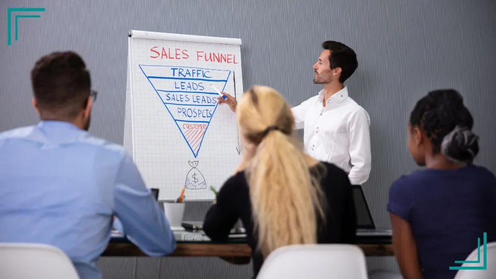 Een man die een presentatie geeft over sales funnels