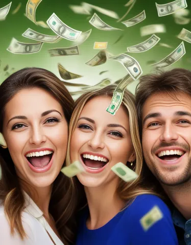 Frauen und ein Mann freuen sich über einen Geldregen und ihre finanzielle Freiheit dank Emotionscoaching