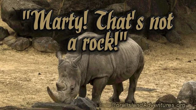 coral island adventures radio drama, audio stories, mad charging rhino nearly kills children!