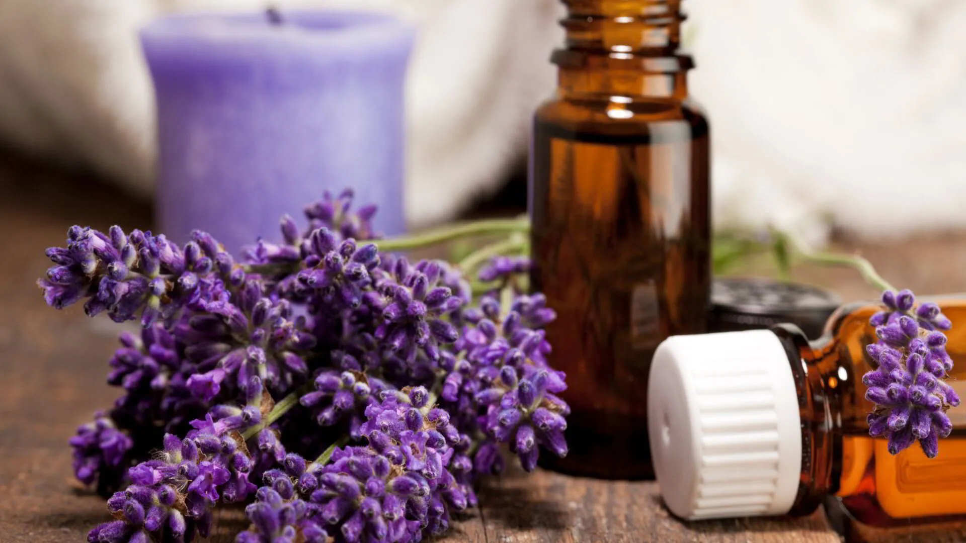 lavender with brown bottle in the background