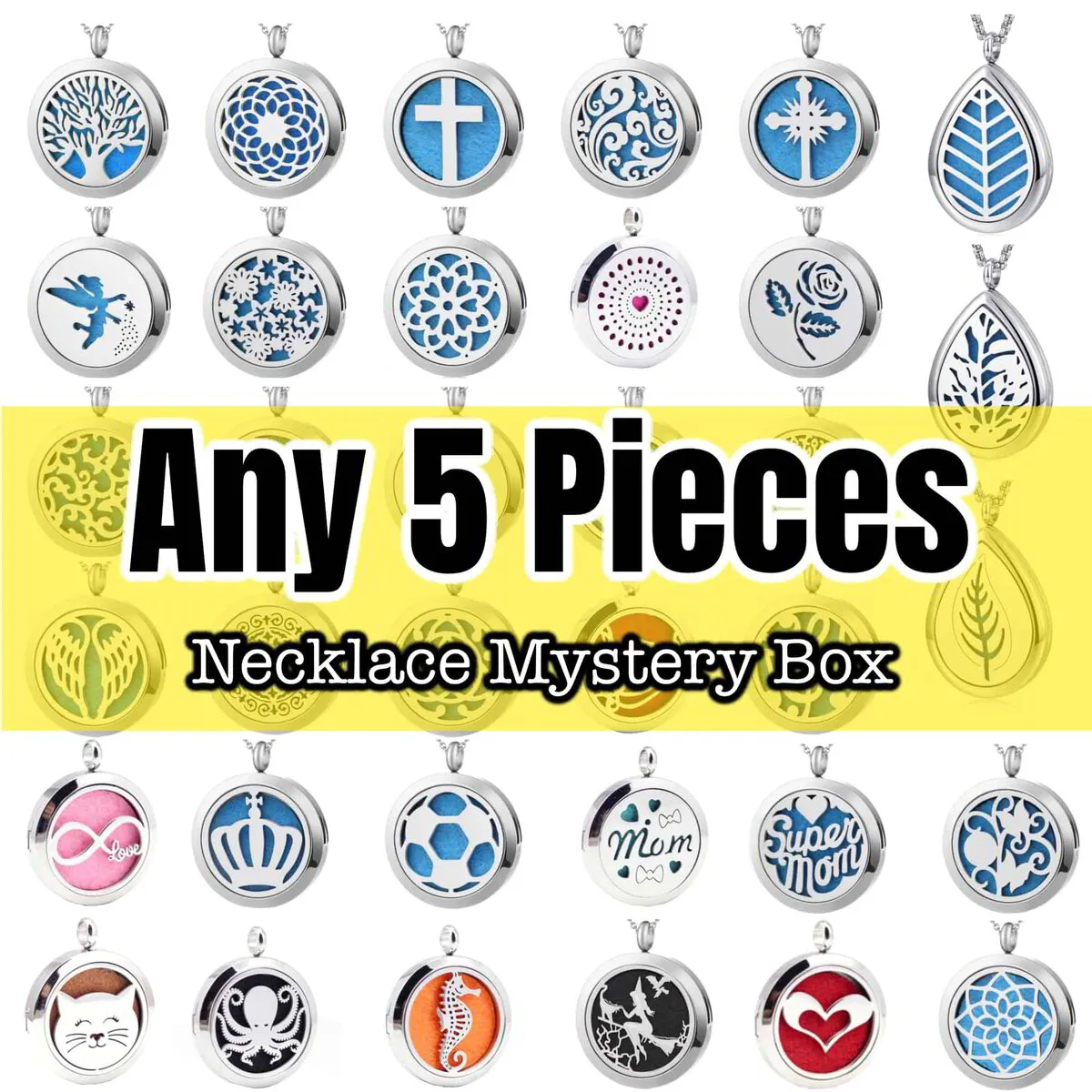 Mystery Aromatherapy Pendant Necklace Box - Set of 5 Diffuser Necklaces for Essential Oils