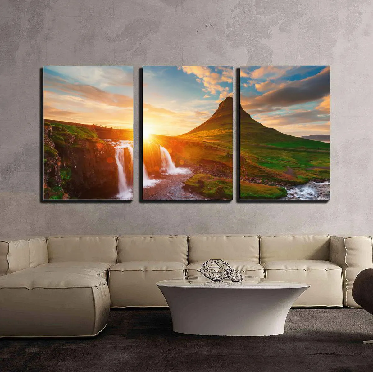 S3 Printed Acoustic Panels - Sunrise Over a Waterfall - 3 Panels