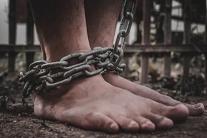 Stop modern slavery shackled feet