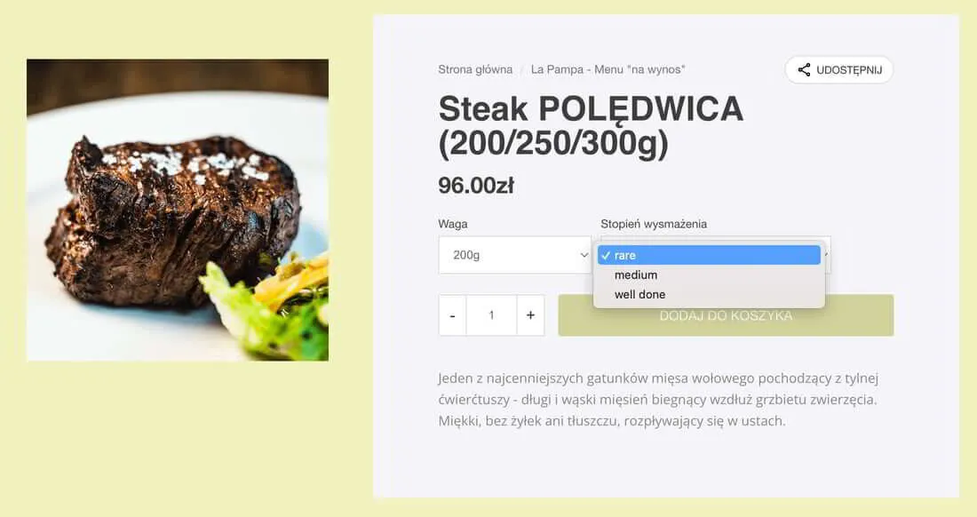 WEBLUCY - warianty produktu - stopień wysmażenia steaka