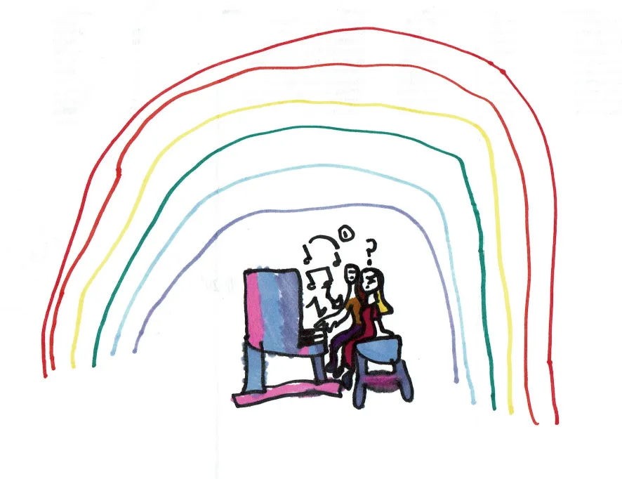 Child's artistic drawing depicting a piano lesson, beautifully adorned with a vibrant rainbow overhead, symbolizing the joy and creativity found in music education.